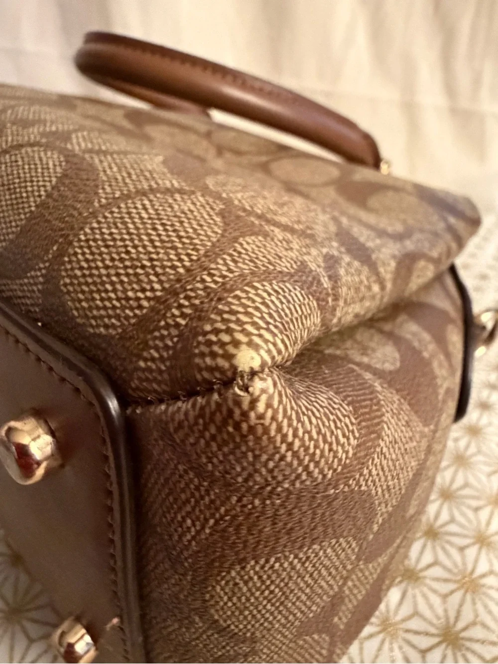 Coach Brown Signature Canvas Satchel with Leather Trim